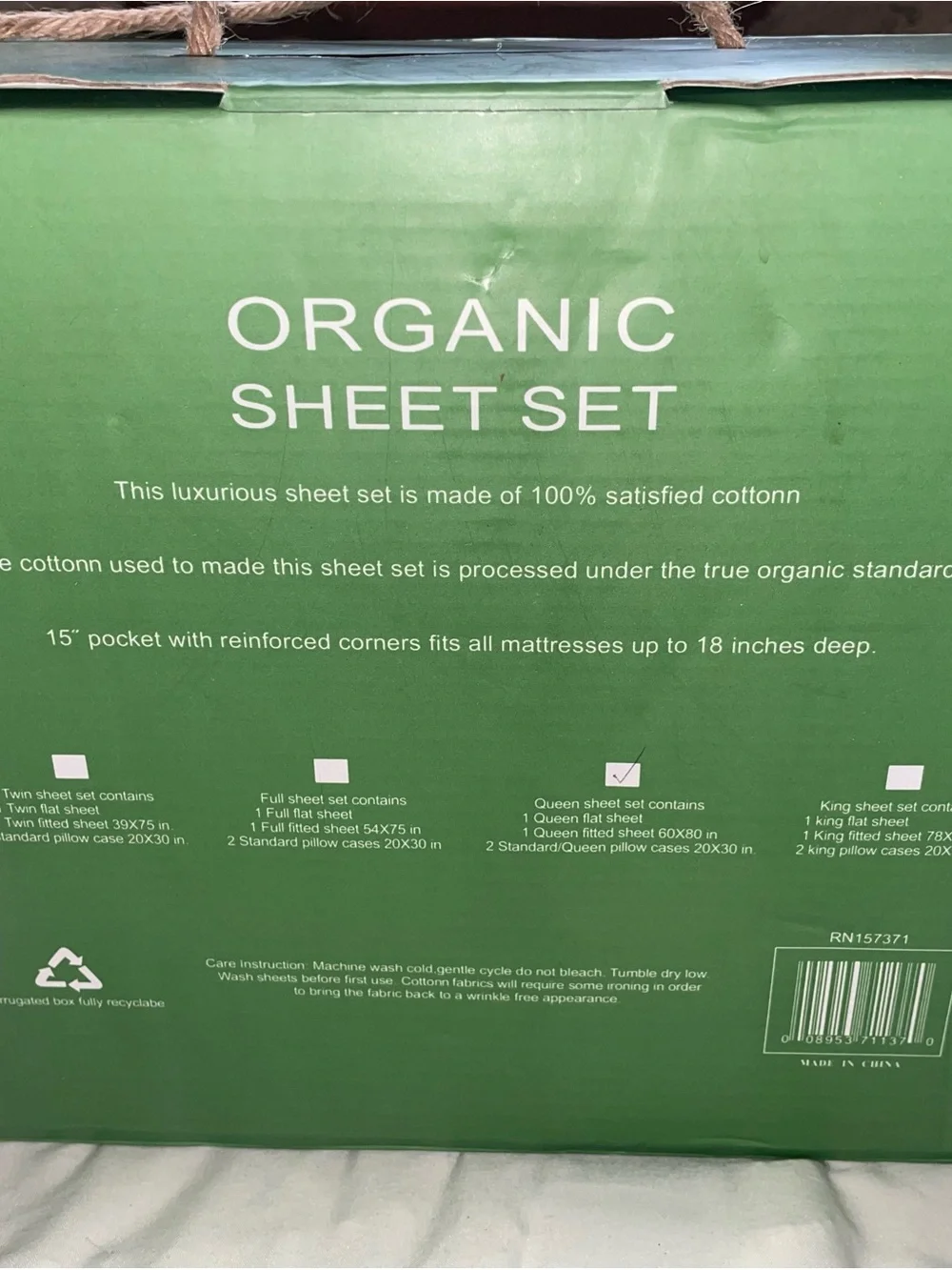 Queen Sheet Set in Green - 2000 Organic Cotton